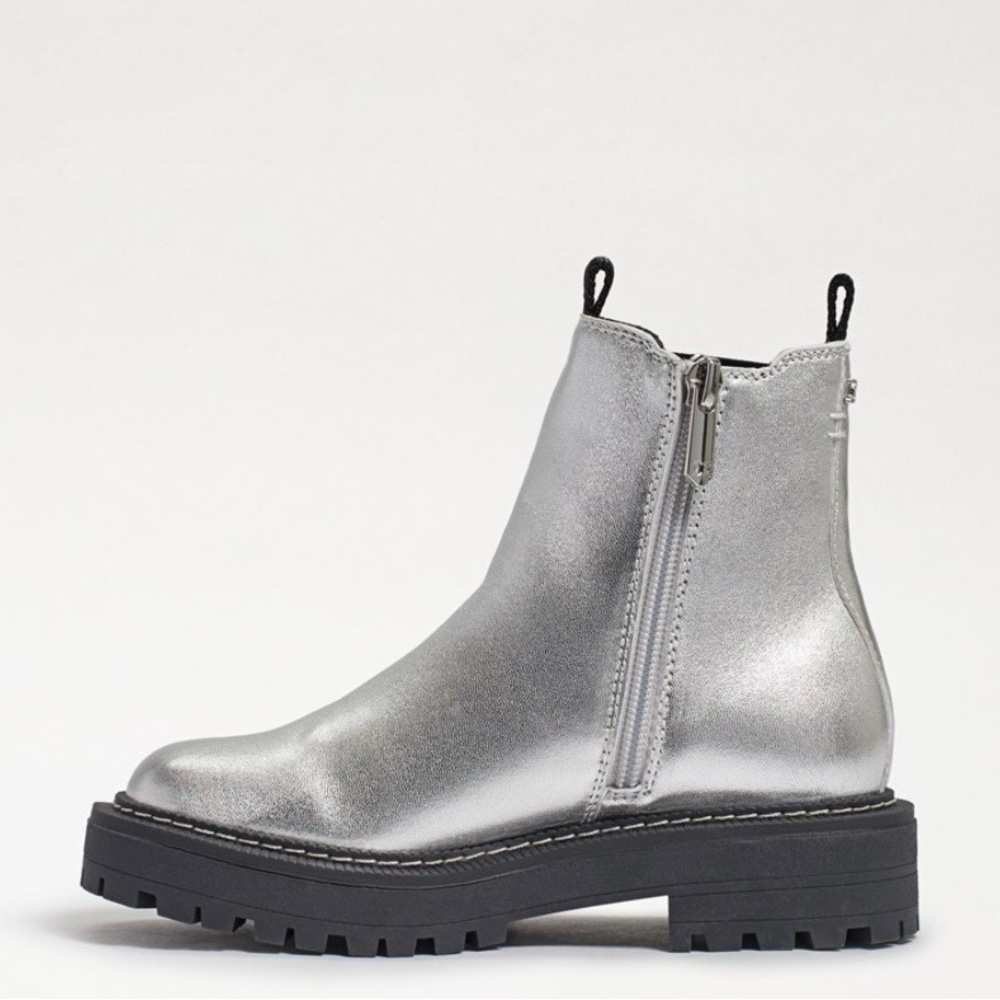 Sam Edelman Chelsea Silver Leather Ankle Boots with Black Accents - Picture 4 of 15